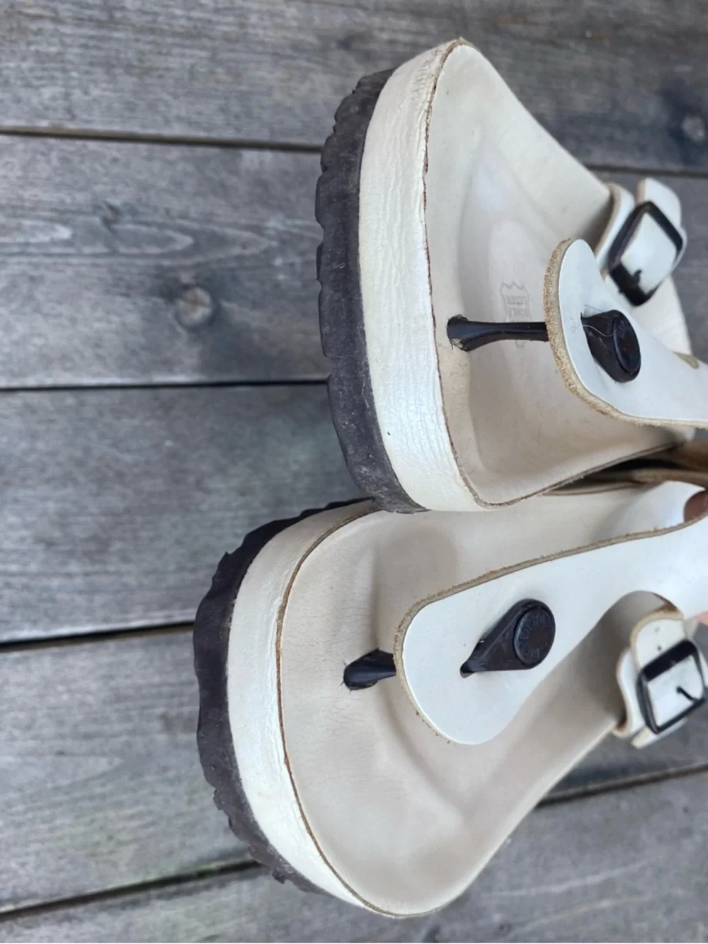 Birkenstock metallic White Thong Sandals with Black Buckles - Picture 7 of 9
